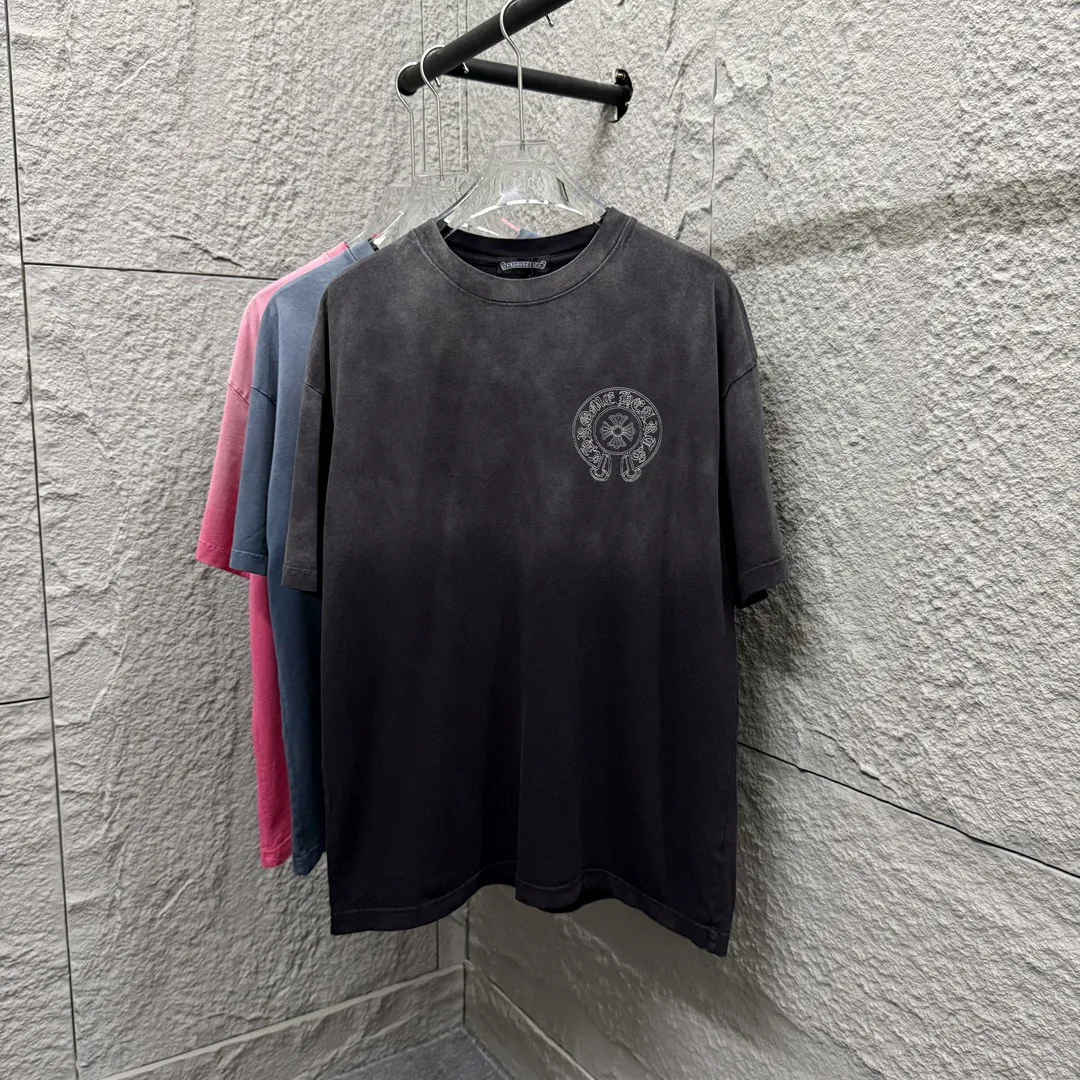 🅿️200 CH Croix Heart 2025 Summer New Style Heavy Acid Washing Gradient Distressing Chest Logo Classic Embroidery Customized Fabric Short Sleeve T-shirt Unisex Size: S M L XL XXL Five Codes (European Code) Color: Gradient Black Gradient Pink Gradient Blue